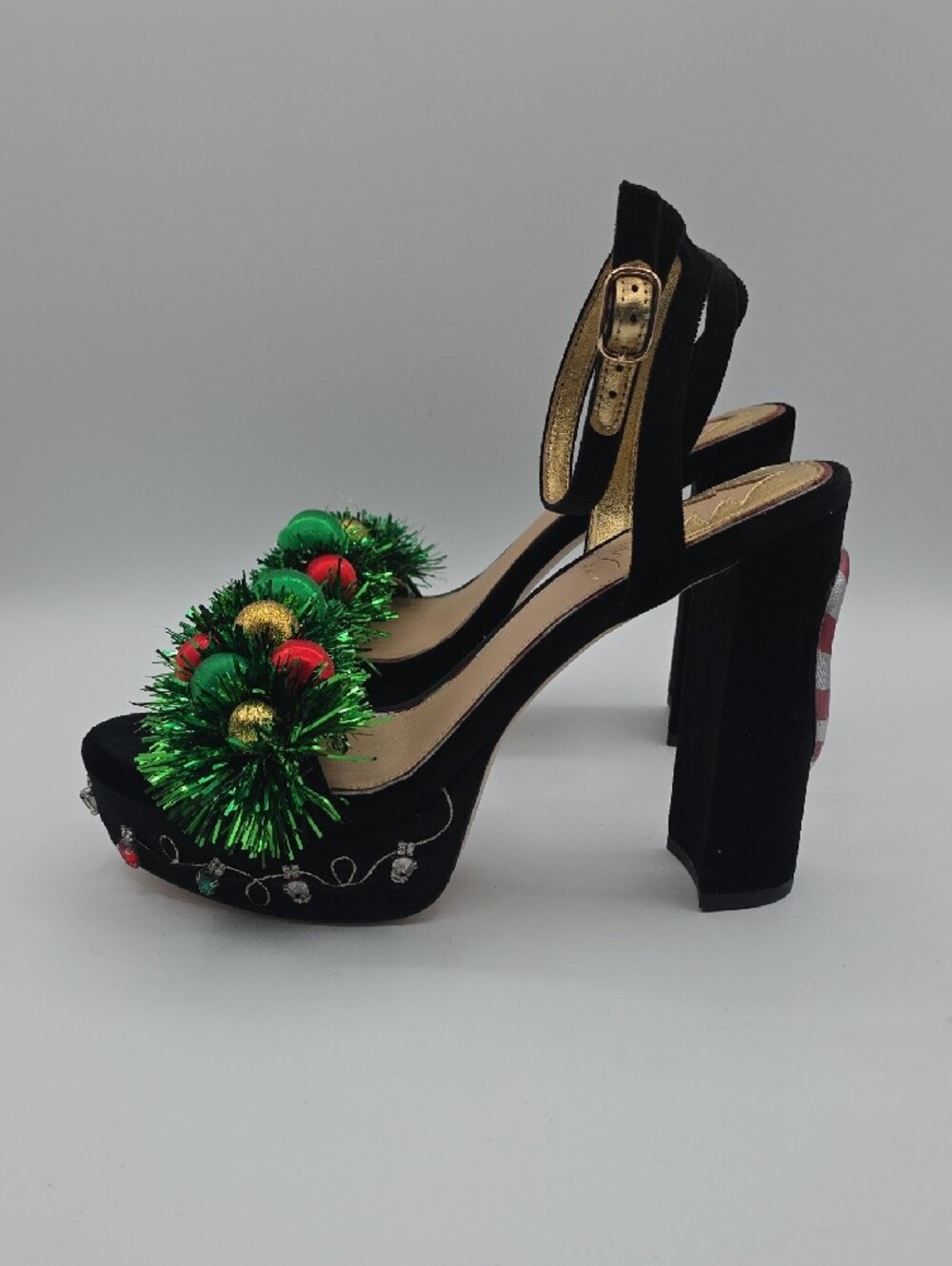 ANTONIO MELANI Black Velvet Heels with Green Tinsel and Red & Gold Ornaments - Picture 8 of 17